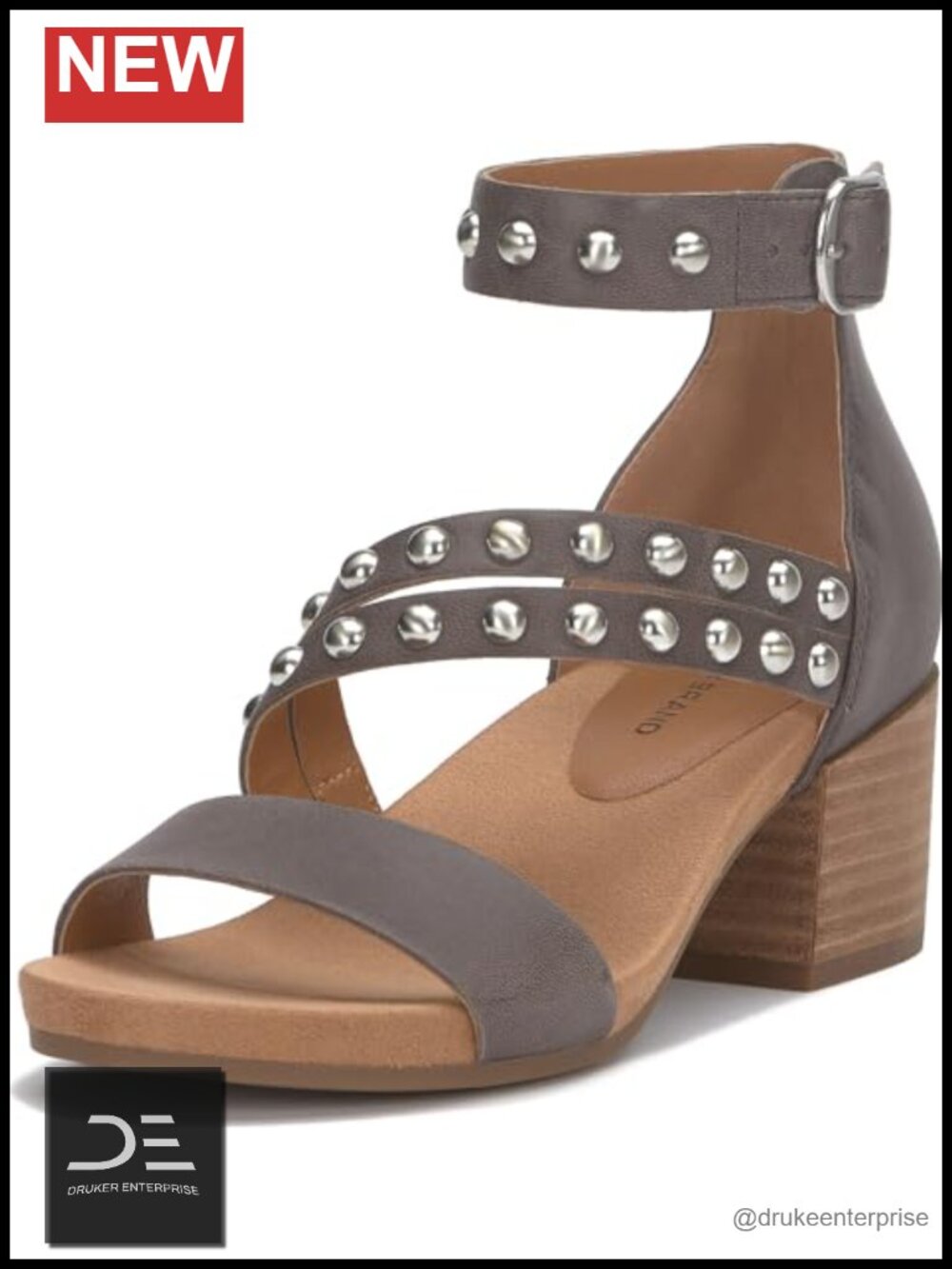 Studded Ankle Strap Heeled Sandals, Leather